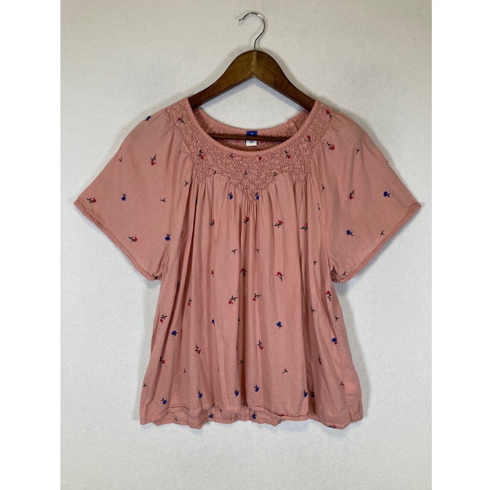 Boho Cottagecore Old Navy Women Small Pink Floral‎ Smocked Embroidered Blouse